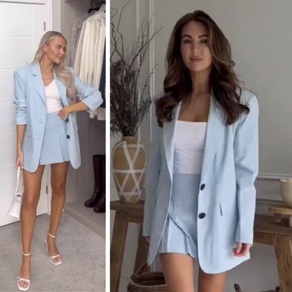 NEW Zara Oversized Long Blazer Jacket Ice Blue Influencer Favorite Career Office - Picture 1 of 9